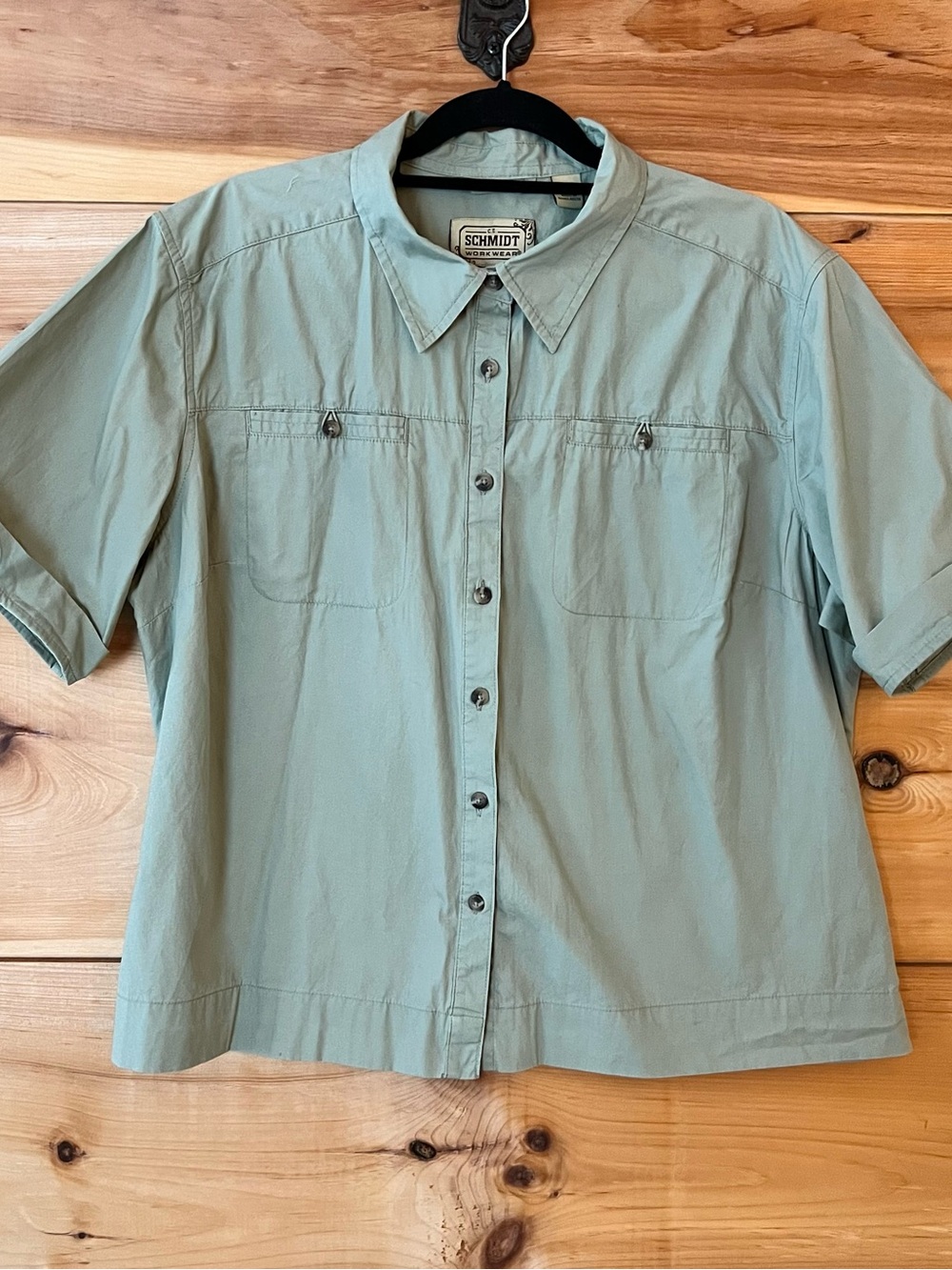 Schmidt Women's Short Sleeve Button-Down Shirt in Sage Green Work Hike Utility